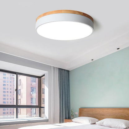 Modern Simplicity Round Wood Iron Acrylic LED Flush Mount Ceiling Light For Bedroom
