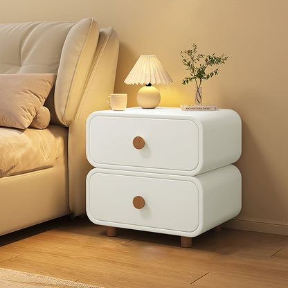 Modern Minimalist Faux Leather & Solid Wood Round Rectangular Nightstand With 2-Drawer For Bedroom