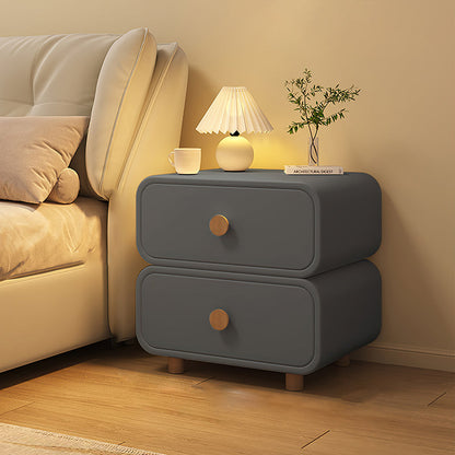 Modern Minimalist Faux Leather & Solid Wood Round Rectangular Nightstand With 2-Drawer For Bedroom