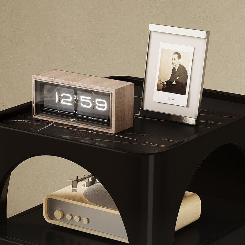 Modern Mid-Century Sintered Stone, Glass & Wood Rectangular Nightstand With 1-Drawer & 2-Tier Storage For Bedroom