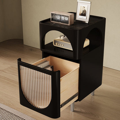 Modern Mid-Century Sintered Stone, Glass & Wood Rectangular Nightstand With 1-Drawer & 2-Tier Storage For Bedroom