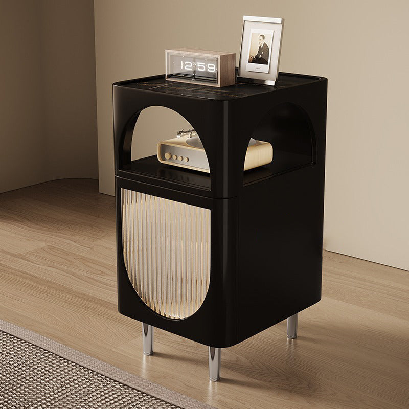 Modern Mid-Century Sintered Stone, Glass & Wood Rectangular Nightstand With 1-Drawer & 2-Tier Storage For Bedroom