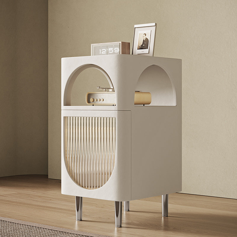 Modern Mid-Century Sintered Stone, Glass & Wood Rectangular Nightstand With 1-Drawer & 2-Tier Storage For Bedroom