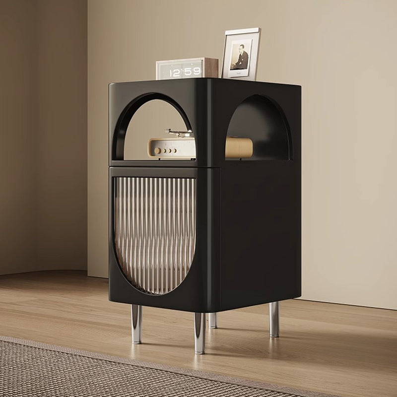 Modern Mid-Century Sintered Stone, Glass & Wood Rectangular Nightstand With 1-Drawer & 2-Tier Storage For Bedroom