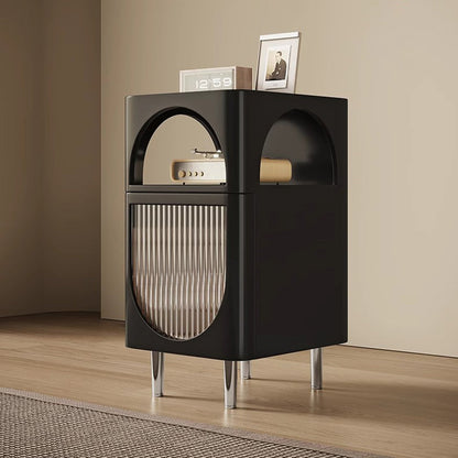 Modern Mid-Century Sintered Stone, Glass & Wood Rectangular Nightstand With 1-Drawer & 2-Tier Storage For Bedroom