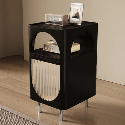 Modern Mid-Century Sintered Stone, Glass & Wood Rectangular Nightstand With 1-Drawer & 2-Tier Storage For Bedroom