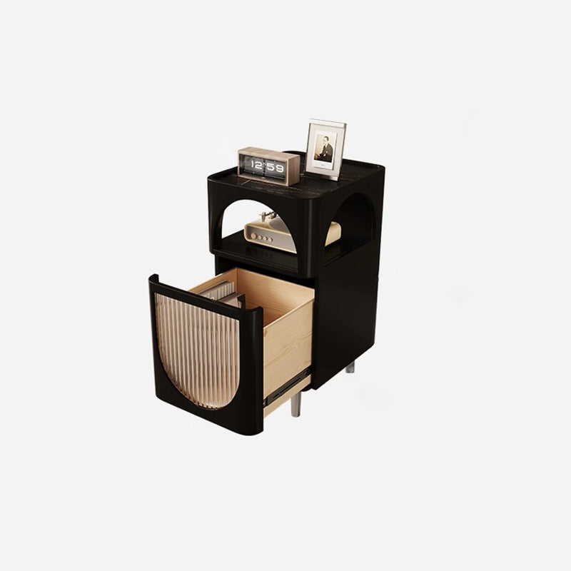 Modern Mid-Century Sintered Stone, Glass & Wood Rectangular Nightstand With 1-Drawer & 2-Tier Storage For Bedroom