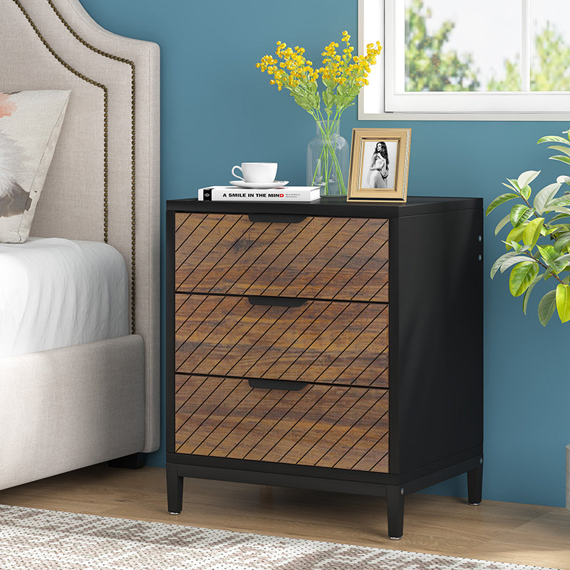 Modern Minimalist Solid Wood Rectangular Nightstand With 3-Drawer For Bedroom