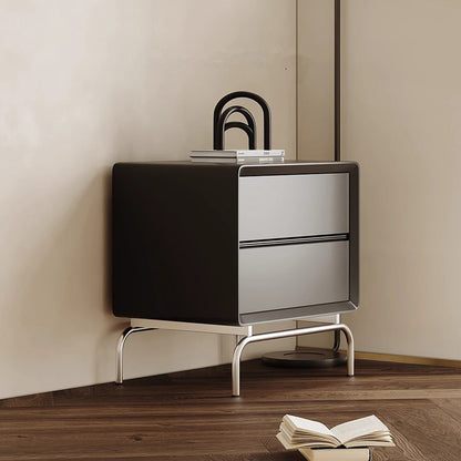 Modern Luxury Pine & Stainless Steel Rectangular Nightstand With 2-Drawer For Bedroom