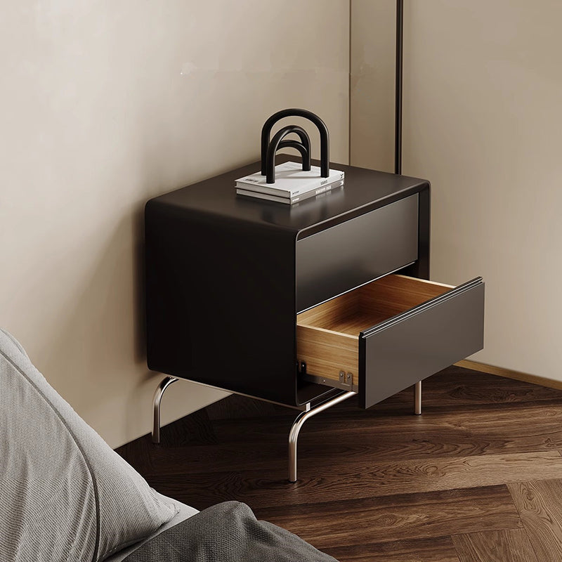 Modern Luxury Pine & Stainless Steel Rectangular Nightstand With 2-Drawer For Bedroom