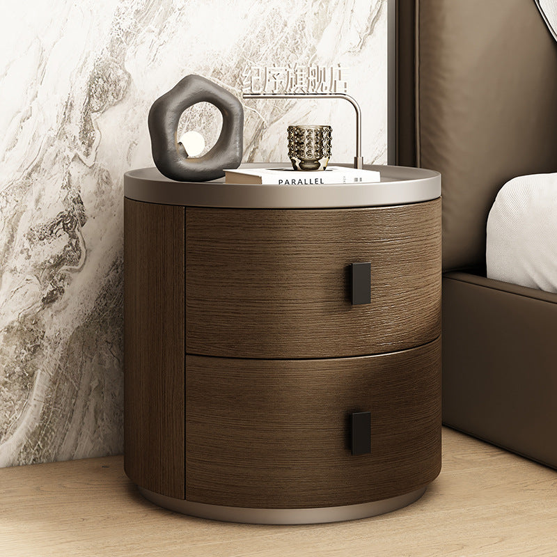 Modern Minimalist Solid Wood Cylindrical Nightstand With 2-Drawer For Bedroom