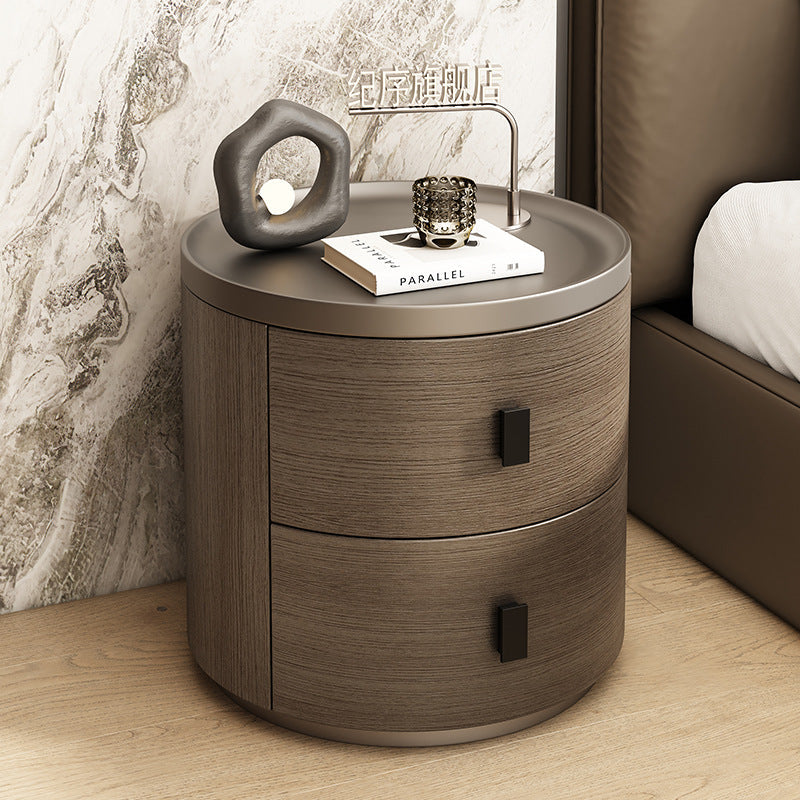 Modern Minimalist Solid Wood Cylindrical Nightstand With 2-Drawer For Bedroom
