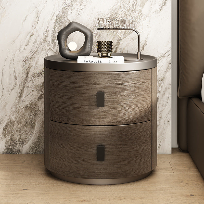 Modern Minimalist Solid Wood Cylindrical Nightstand With 2-Drawer For Bedroom