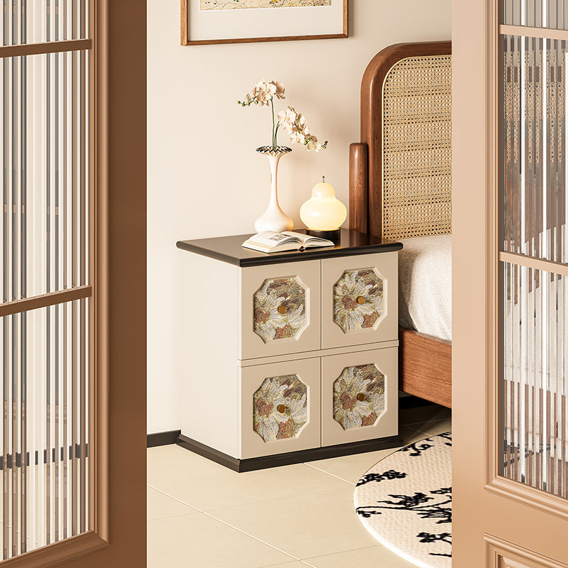 Traditional French Solid Wood Floral-Textured Rectangular Nightstand With 2-Storage Compartments For Bedroom