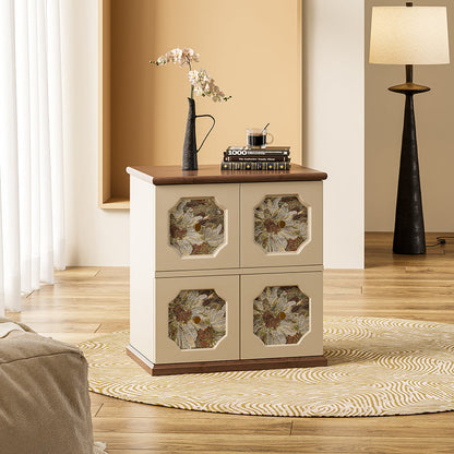 Traditional French Solid Wood Floral-Textured Rectangular Nightstand With 2-Storage Compartments For Bedroom