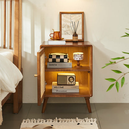 Modern Mid-Century Solid Wood & Rattan Rectangular Nightstand 1-Storage For Bedroom