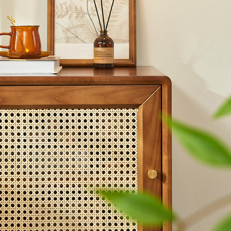 Modern Mid-Century Solid Wood & Rattan Rectangular Nightstand 1-Storage For Bedroom