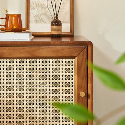 Modern Mid-Century Solid Wood & Rattan Rectangular Nightstand 1-Storage For Bedroom