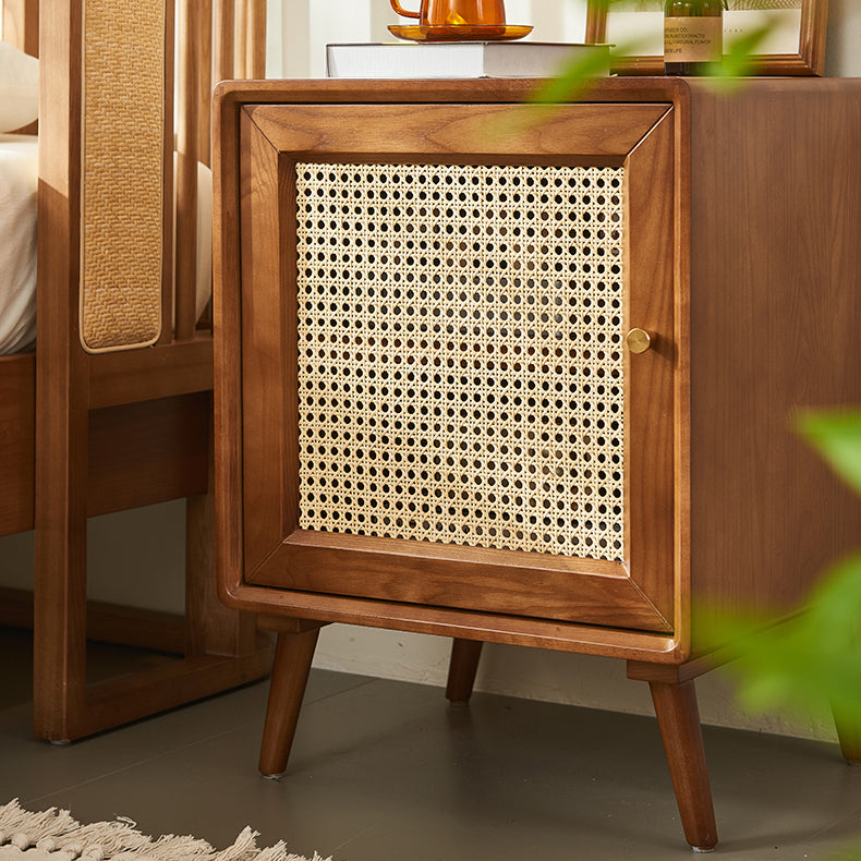 Modern Mid-Century Solid Wood & Rattan Rectangular Nightstand 1-Storage For Bedroom
