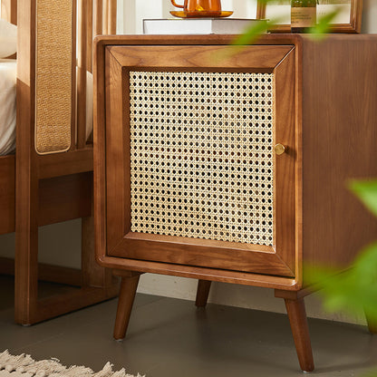 Modern Mid-Century Solid Wood & Rattan Rectangular Nightstand 1-Storage For Bedroom