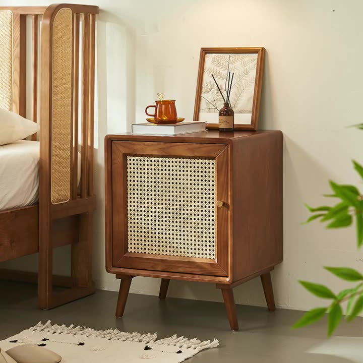Modern Mid-Century Solid Wood & Rattan Rectangular Nightstand 1-Storage For Bedroom