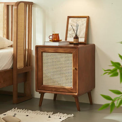 Modern Mid-Century Solid Wood & Rattan Rectangular Nightstand 1-Storage For Bedroom