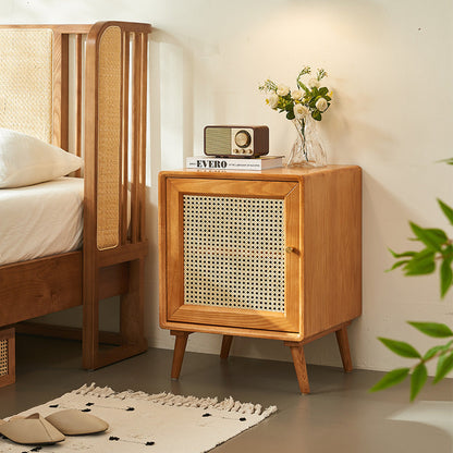 Modern Mid-Century Solid Wood & Rattan Rectangular Nightstand 1-Storage For Bedroom