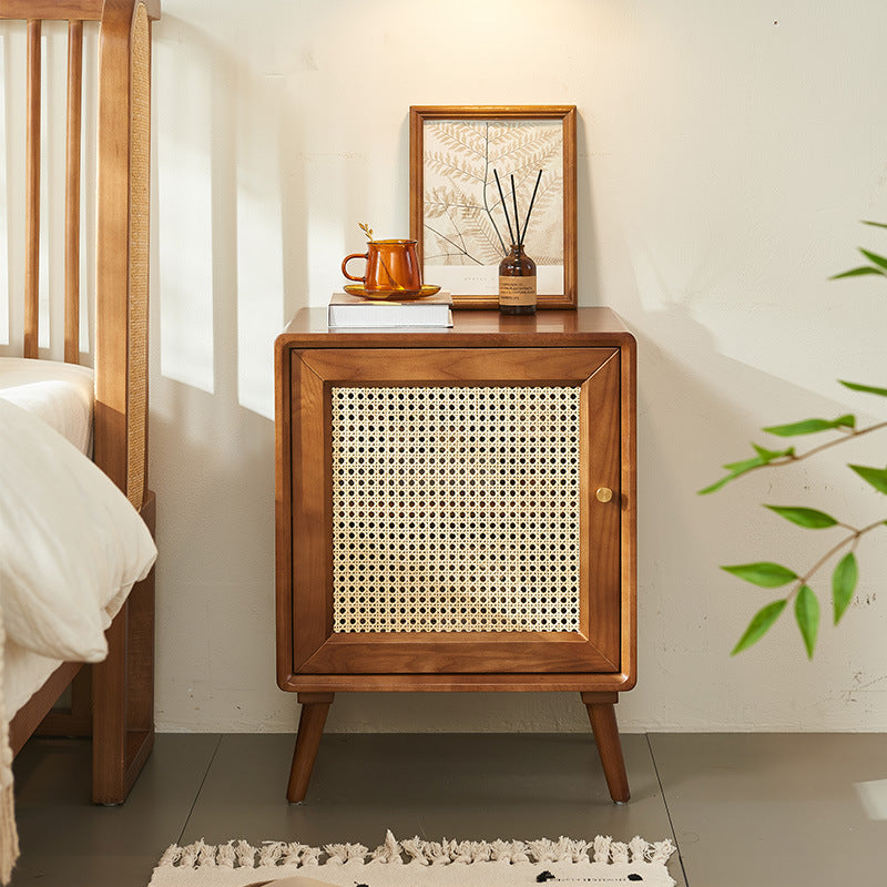 Modern Mid-Century Solid Wood & Rattan Rectangular Nightstand 1-Storage For Bedroom