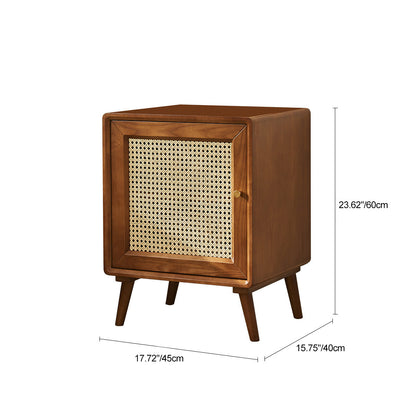 Modern Mid-Century Solid Wood & Rattan Rectangular Nightstand 1-Storage For Bedroom