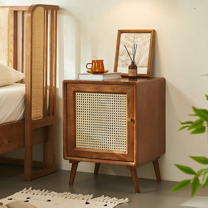 Modern Mid-Century Solid Wood & Rattan Rectangular Nightstand 1-Storage For Bedroom