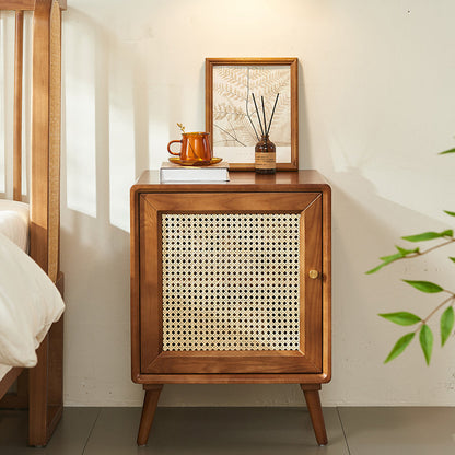Modern Mid-Century Solid Wood & Rattan Rectangular Nightstand 1-Storage For Bedroom