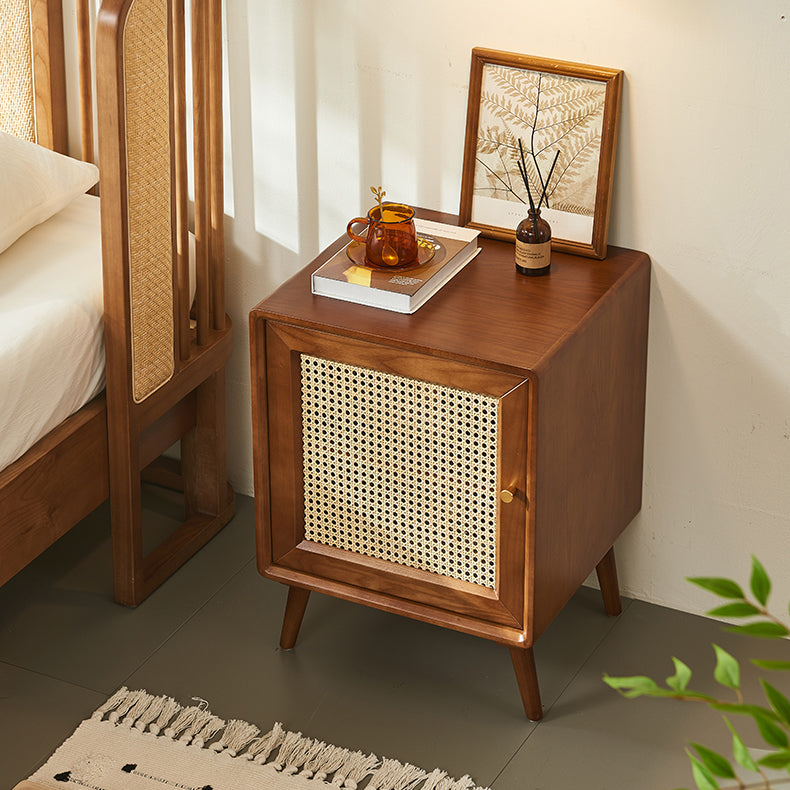 Modern Mid-Century Solid Wood & Rattan Rectangular Nightstand 1-Storage For Bedroom