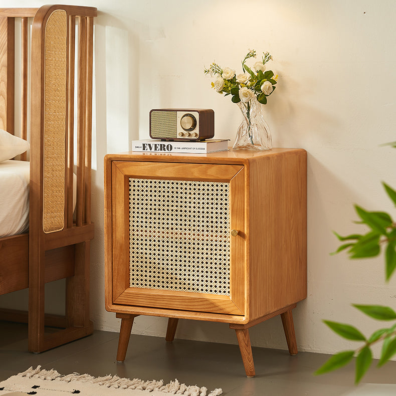 Modern Mid-Century Solid Wood & Rattan Rectangular Nightstand 1-Storage For Bedroom