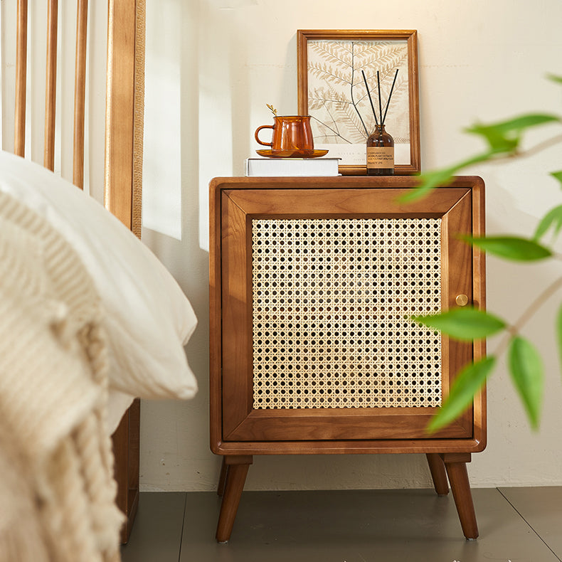 Modern Mid-Century Solid Wood & Rattan Rectangular Nightstand 1-Storage For Bedroom