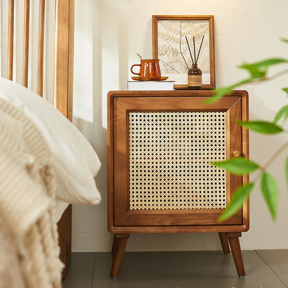 Modern Mid-Century Solid Wood & Rattan Rectangular Nightstand 1-Storage For Bedroom