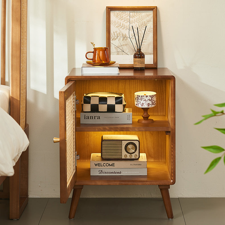 Modern Mid-Century Solid Wood & Rattan Rectangular Nightstand 1-Storage For Bedroom