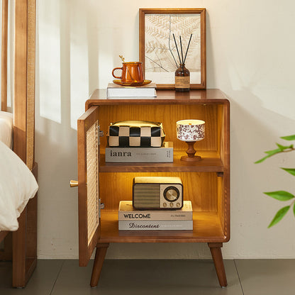 Modern Mid-Century Solid Wood & Rattan Rectangular Nightstand 1-Storage For Bedroom