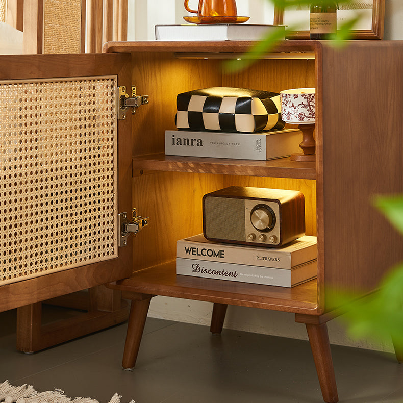 Modern Mid-Century Solid Wood & Rattan Rectangular Nightstand 1-Storage For Bedroom