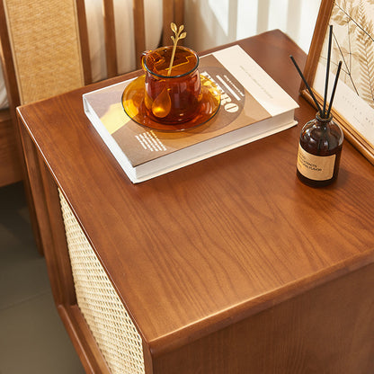 Modern Mid-Century Solid Wood & Rattan Rectangular Nightstand 1-Storage For Bedroom