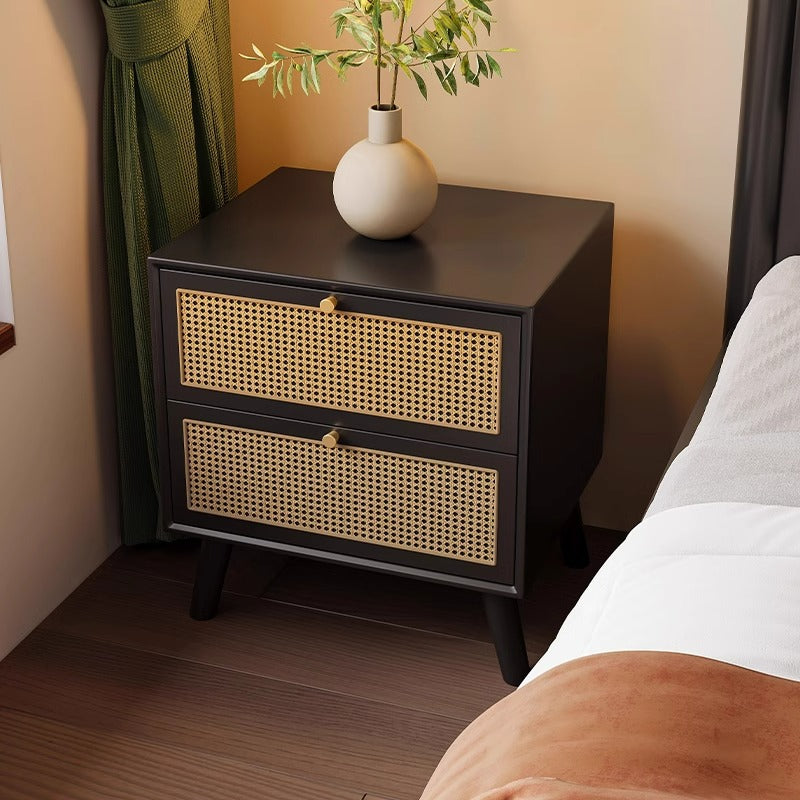 Traditional Chinese Rubberwood & Rattan Rectangular Nightstand With 2-Drawer For Bedroom