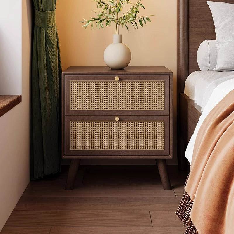 Traditional Chinese Rubberwood & Rattan Rectangular Nightstand With 2-Drawer For Bedroom