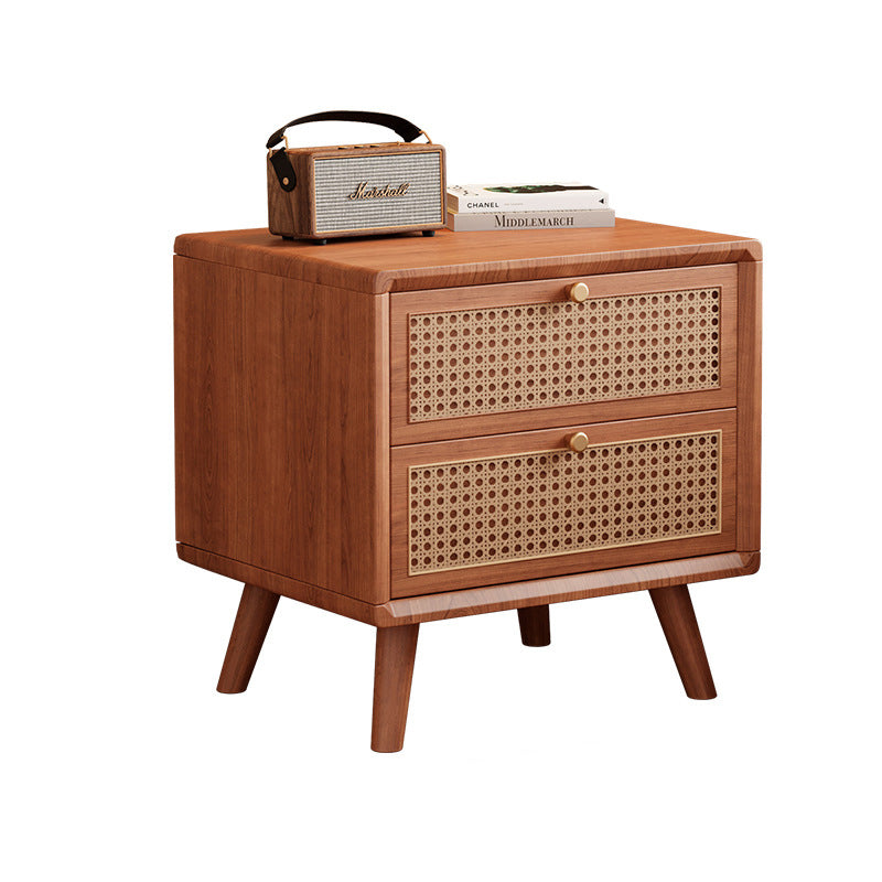 Traditional Chinese Rubberwood & Rattan Rectangular Nightstand With 2-Drawer For Bedroom
