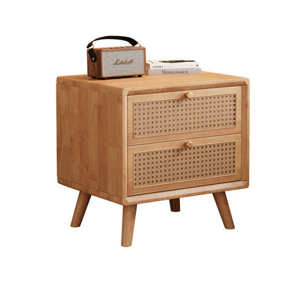 Traditional Chinese Rubberwood & Rattan Rectangular Nightstand With 2-Drawer For Bedroom