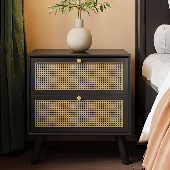 Traditional Chinese Rubberwood & Rattan Rectangular Nightstand With 2-Drawer For Bedroom