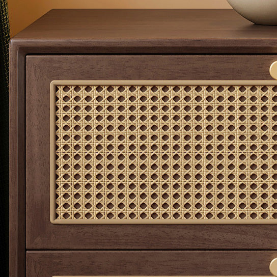 Traditional Chinese Rubberwood & Rattan Rectangular Nightstand With 2-Drawer For Bedroom