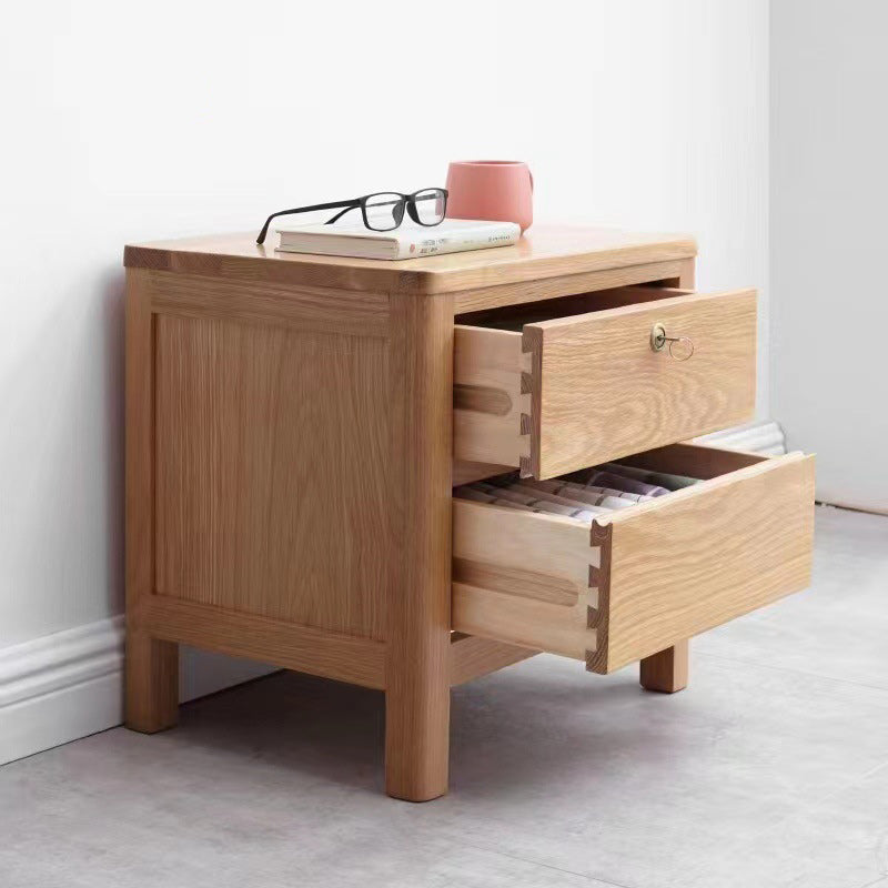 Modern Minimalist Rubber Wood Rectangular Nightstand With 2-Drawer And Rounded Corners For Bedroom