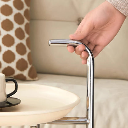 Contemporary Nordic ABS & Carbon Steel Oval Movable Side Table 2-Tier With Wheels & Handles For Living Room & Bedroom