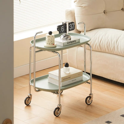 Contemporary Nordic ABS & Carbon Steel Oval Movable Side Table 2-Tier With Wheels & Handles For Living Room & Bedroom