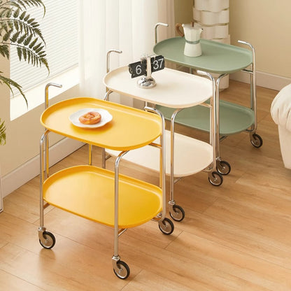Contemporary Nordic ABS & Carbon Steel Oval Movable Side Table 2-Tier With Wheels & Handles For Living Room & Bedroom