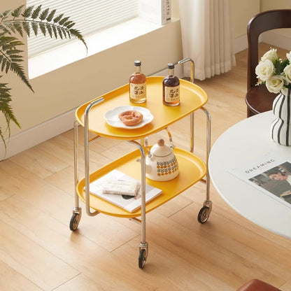 Contemporary Nordic ABS & Carbon Steel Oval Movable Side Table 2-Tier With Wheels & Handles For Living Room & Bedroom